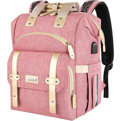 Jiefeike Diaper Bag Backpack, Pink Baby Girls Diaper Bag for Mom, Travel Baby Bags Backpack for Women, Insulated Pockets Portable toddler diaper bag with USB Charging Port, RFID Anti-Theft Pocket