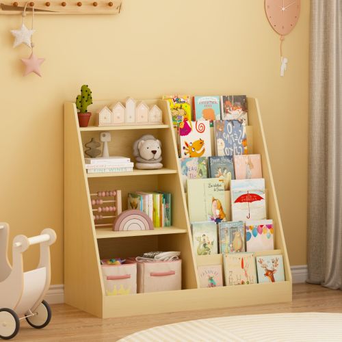 KTMBDW 4-Tier Kids Bookshelf -Montessori Bookcase for Toddlers -Wooden Book Shelf Organizer Display Furniture for Kids Rooms Playroom -Natural