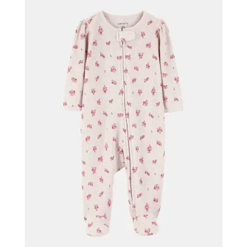Baby Girl Floral 2-Way Zip Waffle Knit Sleep & Play Pajamas - Khaki | Carter's