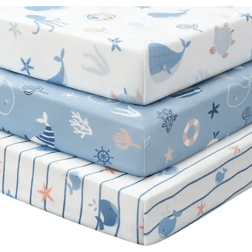 Baby Crib Sheets for Boys and Girls, 3 Pack Toddler Bed Sheets for 52”x28” Standard Toddler Mattresses, Soft Microfiber Fitted Crib Sheets Neutral Blue Ocean Whale