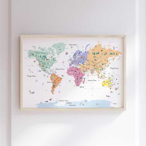 Framed Educational World Map with Countries, Borders, & Landmarks | Pastels | Watercolor Map Art Print