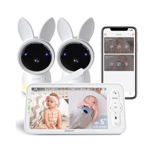 ARENTI Baby Monitor with 2 Cameras, 2K Smart Baby Camera with 5'' Upgraded Wireless Display, Super Night Vision, Breathing Light, Lullabies, Cry&Motion Detection, Temp&Humidity Sensor, 2 Way Audio