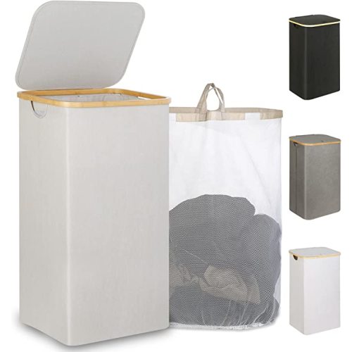 iEGrow 110L Laundry Basket with Lid, Laundry Hamper with Bamboo Handle,Clothes Basket Organizer with Removable Inner Bag for Clothes Toys Towels,Light Grey