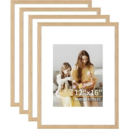 12x16 Picture Frame Set of 4, Displays 8x10 with Mat or 12x16 Without Mat, Photo Frames for Wall Hanging or Tabletop, Includes HD Plexiglass, Light Wood Grain