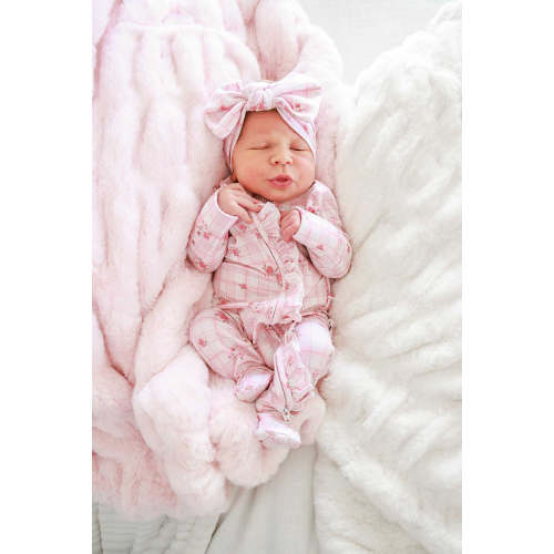 Ruffle Zipper Bamboo Footie in Primrose Plaid | Caden Lane