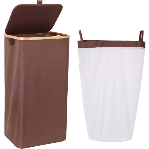 Sea Team 90L Extra Large Capacity Laundry Hamper with Lid, Removable Bag & Bamboo Handles, Foldable Dirty Clothes Bin for Family, Laundry Room, Bedroom & Closet, Brown