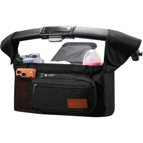 Stroller Organizer with Cup Holder Detachable Wristlet Large Capacity Baby Stroller Bag for Mom, Fits Uppababy, Baby Jogger, Britax, BOB, More (Black)