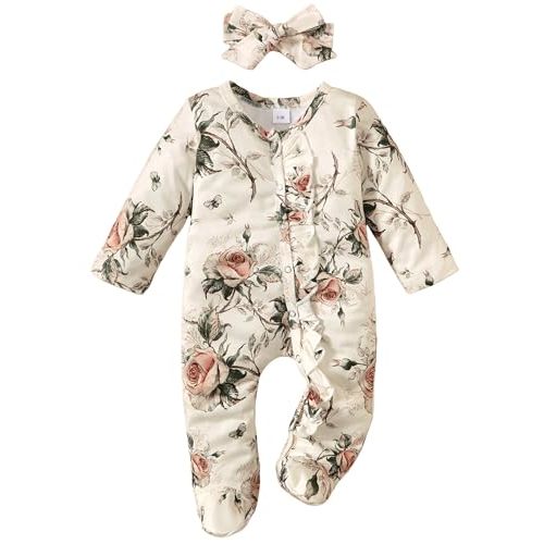 Yvowming Newborn Baby Girl Clothes Ruffle Jumpsuit Romper Infant Coming Home Outfit for Baby Girl