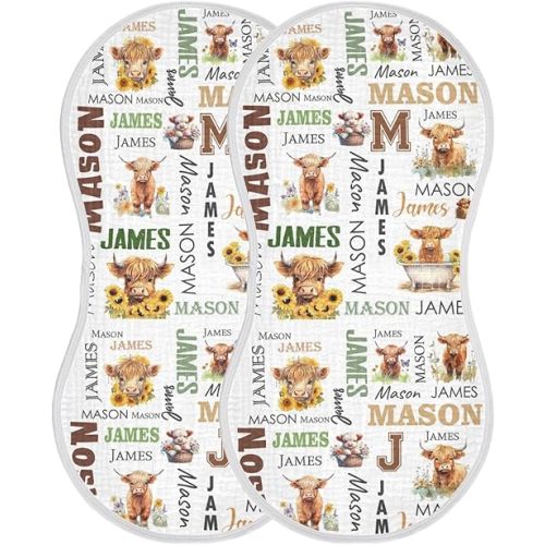 Custom Name Baby Burp Cloths for Boys Girls, Personalized Sunflower Highland Cow 2 Pack Absorbent Cotton Burping Rags Bibs for Newborn Infant Towel