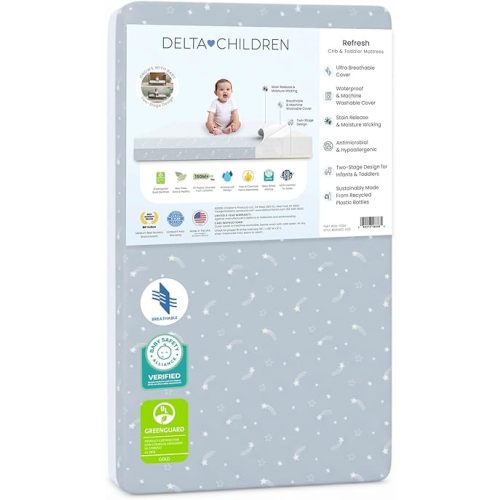 Delta Children Refresh 2-Stage Crib and Toddler Mattress - Breathable Cover and Core - Machine Washable - GREENGUARD Gold – Waterproof - Sustainably Sourced Core, Blue