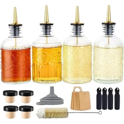 CALFATHN Simple Syrup Bottles Set of 4, Glass Coffee Syrup Dispenser Bottles 7 OZ With Metal Pour Spout, Labels and Stopper, Glass Syrup Dispenser for Maple Honey Syrup Oil and Sauces, LC004 (4 Pack)