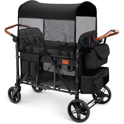 Wagon Stroller for 4 Kids, All-Terrain Wagon for Toddler with Canopy, Parent Organizer, Shoulder Bag, Adjustable Handlebar, Phone Holder, High Seat & 5 Point Harness, Ultimate Quad (Black)