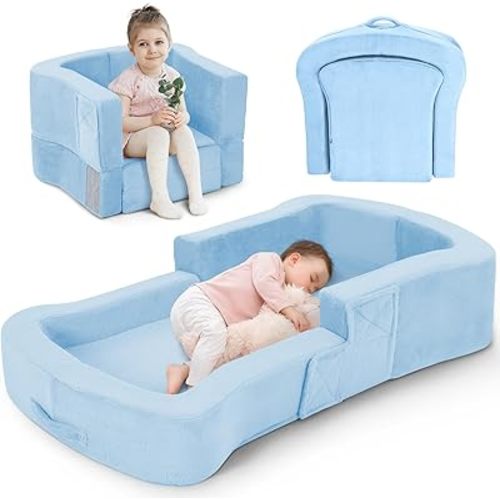 whiffee Toddler Travel Bed, 2-in-1 Foldable Portable Toddler Bed Sofa Chair, Soft Baby Kids Travel Floor Cot with Washable Covers Safety Foam Raised Bumper for Camping Hotel Sleeping (Blue)