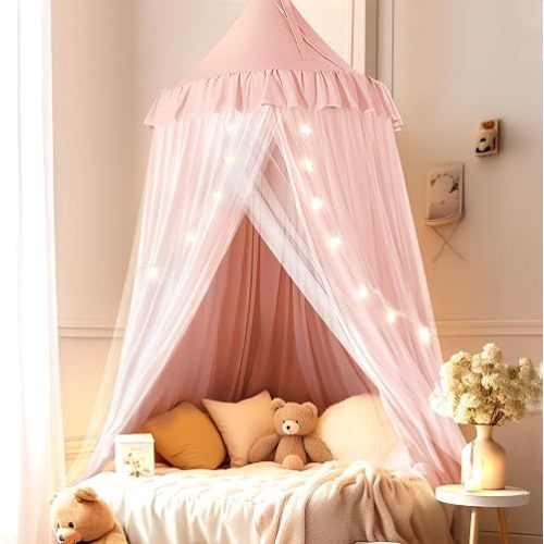 little dove Bed Canopy for Girls with Star Lights, 25.6''x106'', Peach Pink