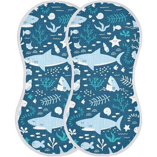 Kigai Cute Sharks and Sea Plants Muslin Baby Burp Cloths, Large Absorbent Cotton Muslin Burp Cloths Set of 1, Washcloths, Face Towel, Bibs for Newborn Boys Girls, 11 x22 Inch