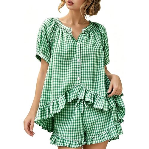 Womens Gingham Pajamas Set 2 Piece Cotton Pj Sets Ruffle Babydoll Shirt and Plaid Shorts