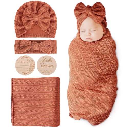 AQOKKA Newborn Receiving Blanket with Bow Hat Headband Wooden Card Set Wheat-Pattern Newborns Toddler Baby Boy Girl Nursery Swaddle Wrap
