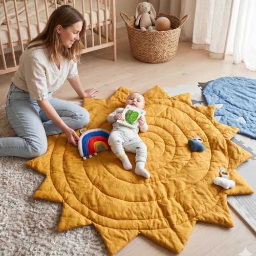 Linen Baby Play Mat Sun Shape Montessori Floor Mat Baby Gym Mat Neutral Nursery Rug Baby Shower Gift
