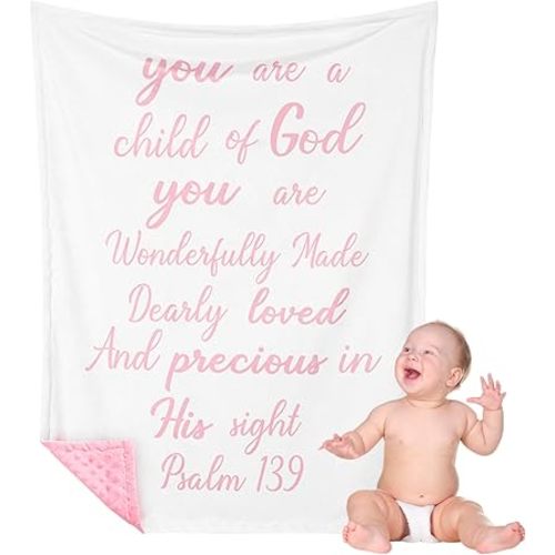 Rtteri Christian Baby Gifts Plush Baby Blanket with Dotted Backing First Communion Gift Baptism Blanket Scripture Swaddle Bible Verse for Newborn Boy Girl Christening Godchild Gift(Pink and White)