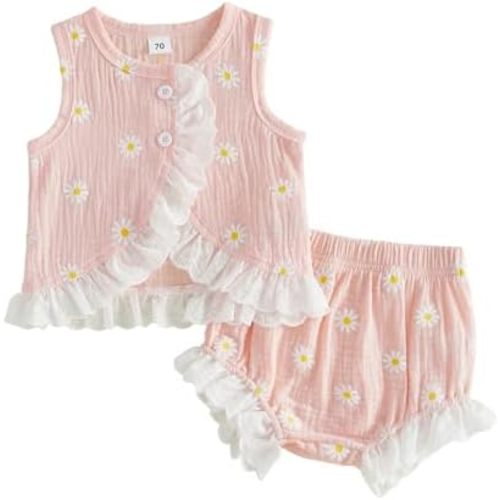PUHHAPIEY Toddler Baby Girl Summer Outfit Clothes Bow Embroidery Striped Sleeveless Tops Vest Dress Bloomers Shorts Set