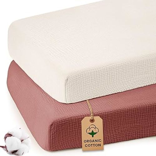 Organic Cotton Muslin Crib Sheets (Set of 2) – Soft & Breathable Fitted Sheets for Boys and Girls, Neutral Colors – Fits Standard Baby Crib Mattress (28 x 52 Inches) (Rust/Ivory)