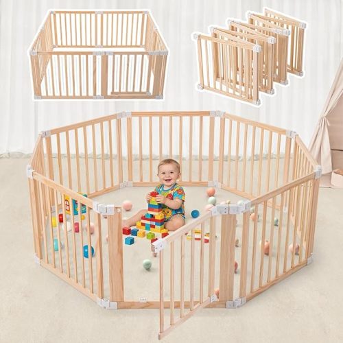 Foldable Wooden Playpen-61"x61"x25"-Large Baby Gate Playpen with Child-Proof Lock-Easy Assembly, Portable Design for Babies & Toddlers- Shape& Size Adjustable Baby Fence Play Area(Wood, 8 Panel)