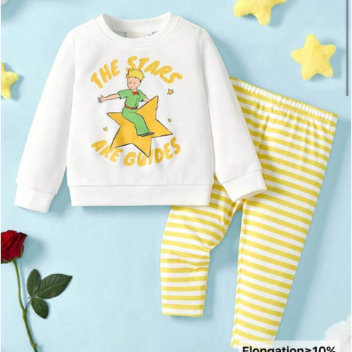 LE PETIT PRINCE X SHEIN Baby Boy Cartoon Star Print White Casual Cute Long Sleeve Crew Neck Sweatshirt And Yellow Striped Playful Pants Set
