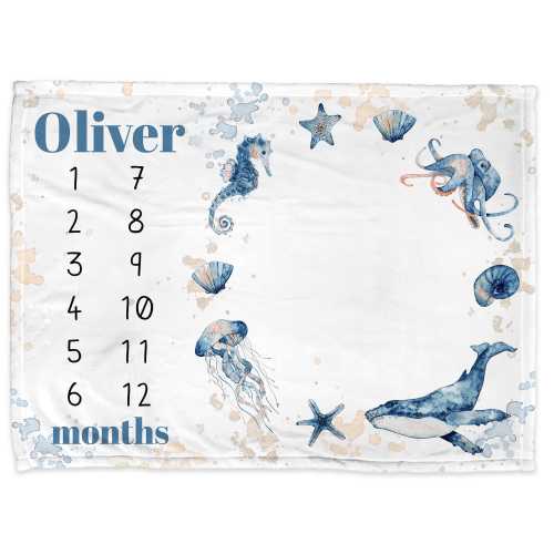 Ocean Animals milestone blanket, newborn personalized gift, Under the Sea baby growth blanket for boy or girl, ocean baby gift