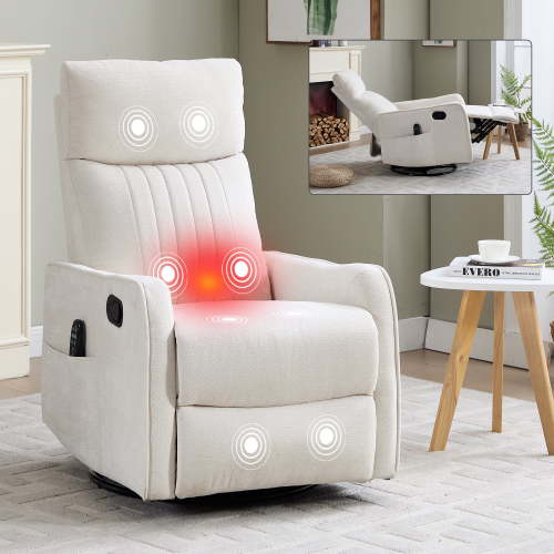 Leumius Manual Swivel Rocker Recliner Chair for Adults,Overstuffed Reclining Glider Chair with Vibration Massage & Heat,Upholstered Recliners with Side Pockets for Living Room,Beige Chenille