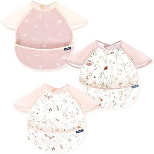 GRSSDER 3-pack Mess Proof Baby Feeding Bibs with Food Catcher Pocket, Soft Lightweight Waterproof Fabric Material with Zero Plastic-like Feel, Adjustable and Easy Clean Toddler Bibs for 6-36 Months