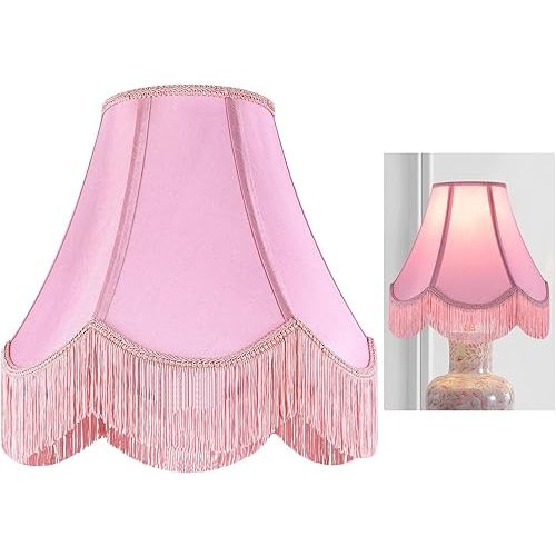 Pink Silk Fabric Bell Lamp Shades Set of 1, Victorian Fringe Trim Scalloped Lamp Shade 6"x13"x10.6"(Spider),Replacement Shades for Table,Floor Lamps,Nordic Decor,Easy Assembly, Hand Crafted By GO&SO