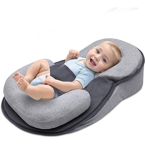 Baby Feeding Support Pillow, Anti Overflow Feeding Pillow, Nursing Pillow with Safety Strap, Baby Lounger Reflux Wedge Breastfeeding (Grey)