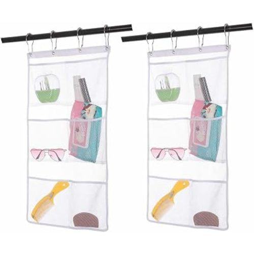 Bsagve 2 Pack Mesh Hanging Caddy Organizer with 6 Pockets, Shower Curtain Rod Liner Hanging Storage Pockets Bathroom Hanger, Bath Toy Holder