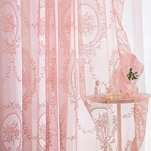 Deeprove Pink Lace Curtains 72 inch Length 2 Panels Set, Sheer Lacy Florals, Chic Vintage Window Treatment Pair Decor Blush Drapes for Girl's Nursery Bedroom Living Room, Rod Pocket, W57 x L72