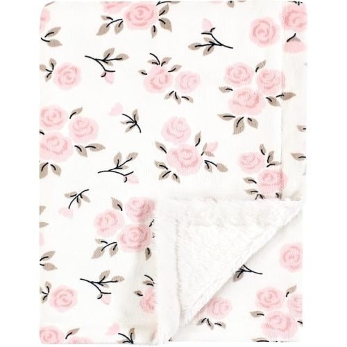 Hudson Baby Infant Girl Plush Blanket with Furry Binding and Back, Neutral Pink Floral, One Size