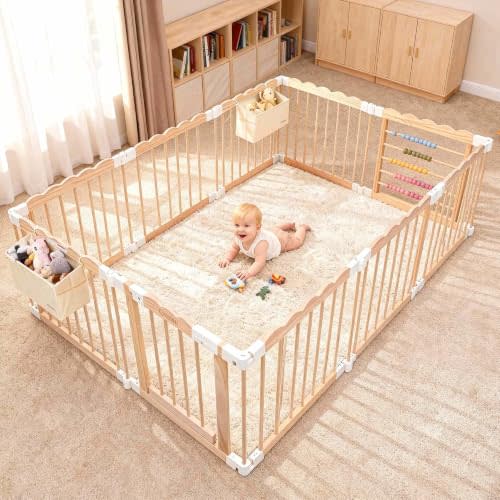 M MEEPO Foldable Wooden Baby Playpen, Adjustable Safety Playpen, 86x57x25in | Adjustable Shape & Size with 2-Pack Storage Bags, Nature Pine Wood, for Infant, Toddler, Safety Lock Door, Build in Toys