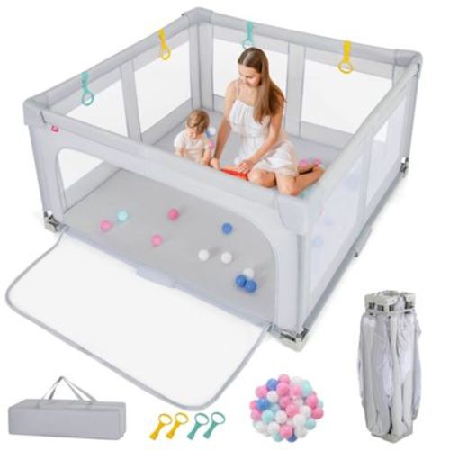 Infans Large Baby Playpen 59" x 59" with Zipper Gate 50 Ocean Balls and 4 Pull-up Rings