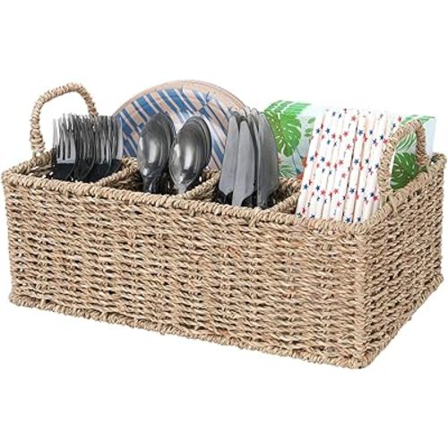 Wicker Party Silverware Caddy, Handwoven Seagrass Cutlery Utensil Holder with Handles, Kitchen Countertop and Picnic Flatware Organizer