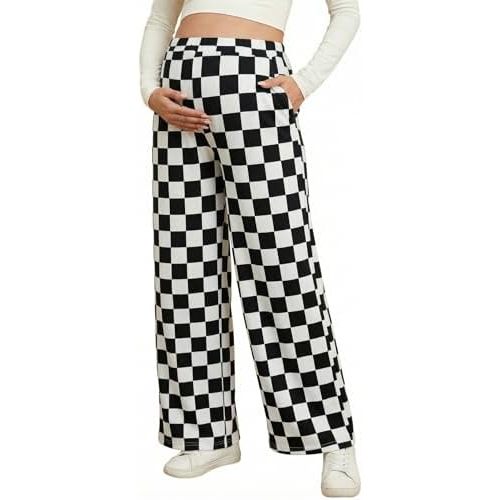 BLENCOT Womens Casual Checkered Pants for Maternity Elastic Waist Wide Leg Pants Grid Pregnant Trousers with Pockets