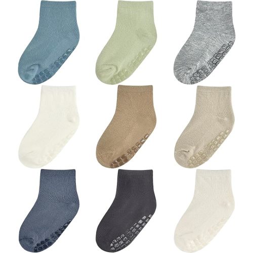 Baby Mid-Crew Socks with Grips (9 Pairs) for 0-7 Years Old Toddler Boy Girl Kids