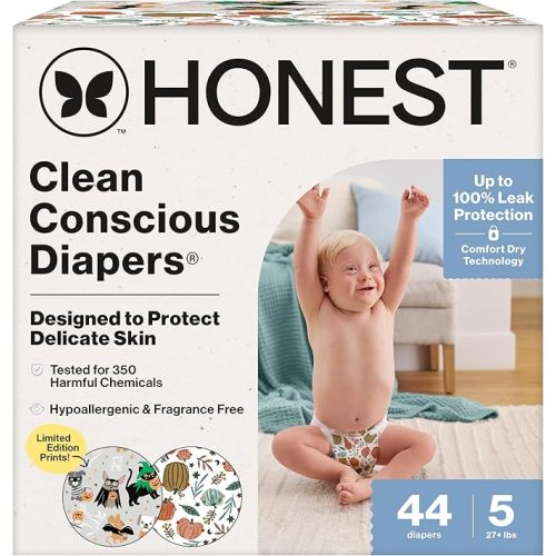 The Honest Company Clean Conscious Diapers for Delicate Skin | Up to 100% Leakproof | Hypoallergenic, Fragrance Free | Fall '25 Limited Edition Prints | Club Box, Size 5 (27+ lbs), 44 Count