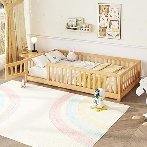 Twin Size Montessori Floor Bed with Slats, Twin Size Floor Bed with Door and Fence, Easy Assemble Montessori Beds for Girls, Boys, Natural