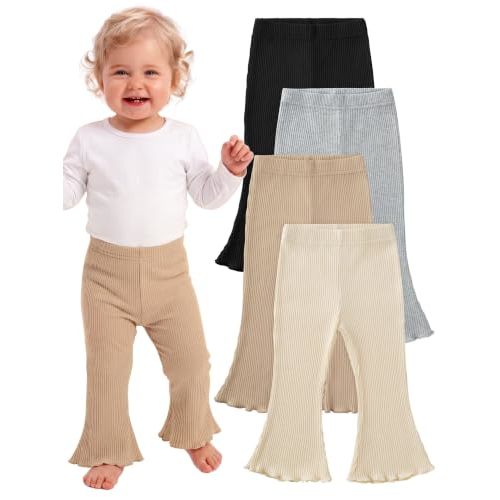4 Pack Girl Flare Pants Ribbed Bell Bottom Leggings Soft Cotton | Soft Cotton Stretch Fabric Elastic Waistband for All Day Wear Ribbed Bell Bottom Multiple Colors Comfy Fit
