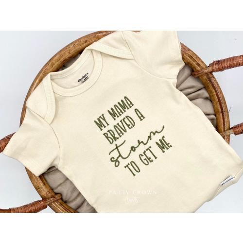 Embroidered My Mama Braved the Storm to get me Bodysuit • Rainbow Baby Pregnancy Announcement • IVF Baby Announcement • Baby Shower Gifts