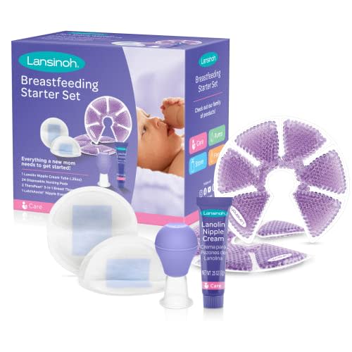 Lansinoh Breastfeeding Starter Set for Nursing Mothers, Breastfeeding Gift for Baby Showers and New Moms, Contains Nursing Essentials and Breast Therapy