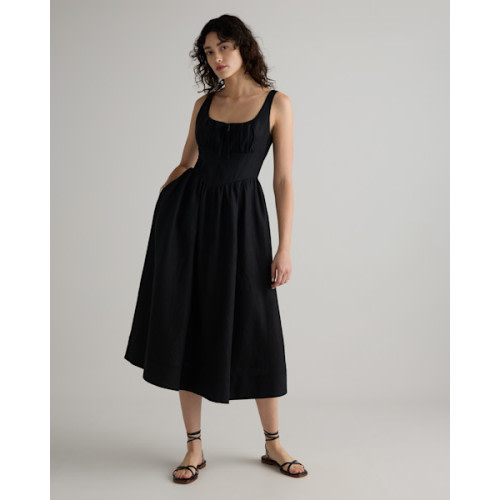 100% European Linen Corset Midi Dress in Classic Mini Gingham