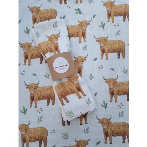 Scottish Highland Cow Baby Burp Cloth Muslin Square or Swaddle by Doreen and Ada | New Mum Gift