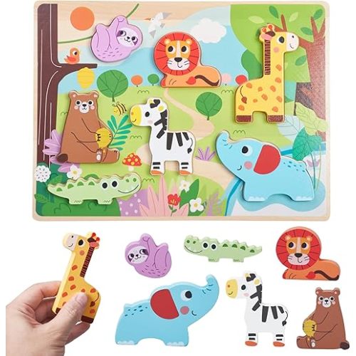 PREXTEX Baby Chunky Wooden Puzzles for Toddlers - Educational Zoo Animal Puzzle Set - Develops Hand-Eye Coordination and Fine Motor Skills - Ideal for Ages 18 Months and Up - 11.5 x 8.6 Inches