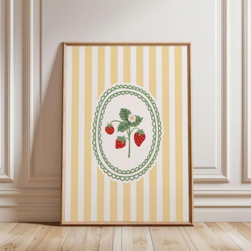 Cottagecore Strawberry Print, Vintage Striped Kitchen Wall Art, French Country Print, Romantic Botanical Wall Art, Trendy Butter Yellow Art