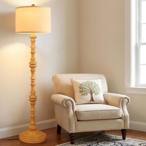 Coucrek 61" Farmhouse Floor Lamp for Living Room, Antique Wood Rustic Lamp